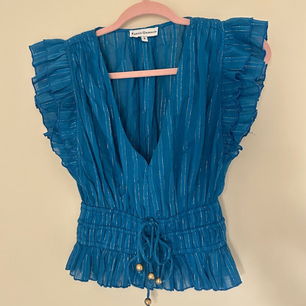 Karina Grimaldi Raffa Metallic Top Size S Blue and Gold